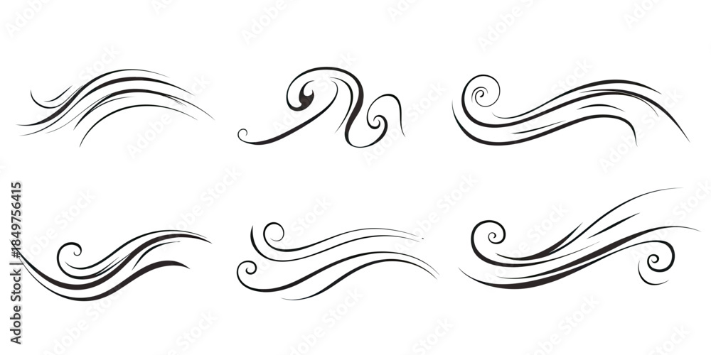 Fototapeta premium Set of elegant black swirl swoosh and underline calligraphy strokes with flowing curved lines and minimalist hand drawn design elements for decoration and graphic use
