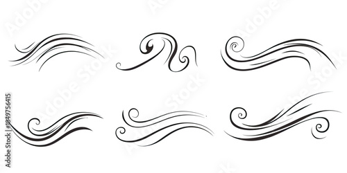 Set of elegant black swirl swoosh and underline calligraphy strokes with flowing curved lines and minimalist hand drawn design elements for decoration and graphic use