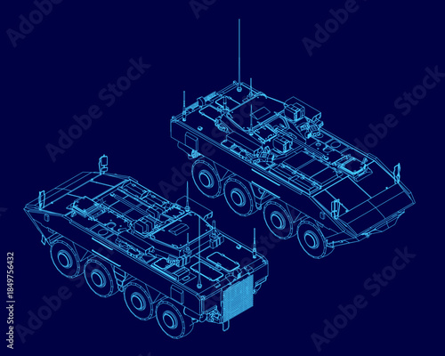Two armored personnel carriers in blueprint contour on a solid blue technical background. The military schematic illustrates vehicle design and layout.