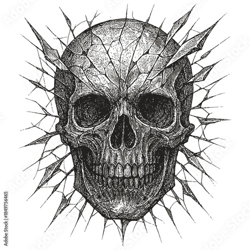 Intricate skull with spiked detail in black and white art design.