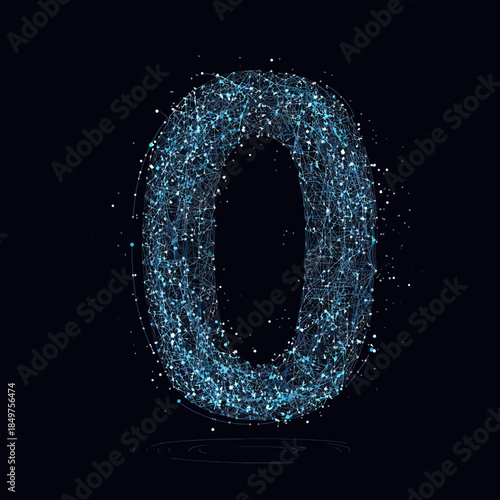 Futuristic number zero composed of interconnected blue glowing points and lines forming a digital wireframe mesh on black background vector illustration