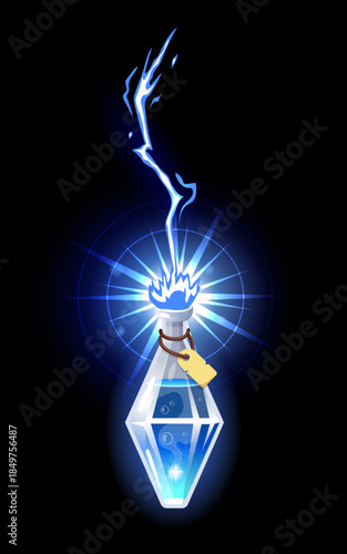 Lightning strikes potion bottle. Glass phial for energy drink. Magical elixir. Thunder hit. Fantasy beverage flask. Thunderstorm magic glow. Electricity impact. Witch alchemy. Vector witchcraft object
