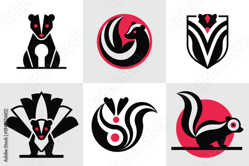 Set of Modern Skunk Vector Logos and Icons with Pink Accents