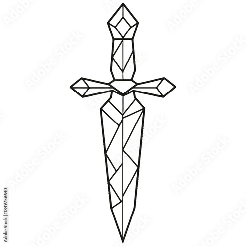 Geometric sword outline with diamond details in black and white design.