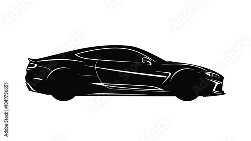 Black silhouette of a sleek sports car profile view isolated on white background