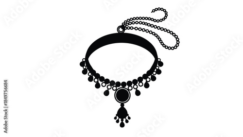 Black choker necklace silhouette with chain and pendant isolated on white background