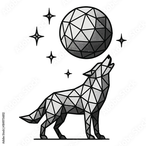 Geometric wolf howling at polygonal moon with stars in night sky.