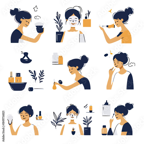 Flat vector illustration set of woman performing skincare routine steps including cleansing, moisturizing, applying face mask, and facial treatment with beauty products and plants