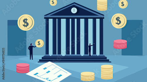 Financial institution building with dollar coins and investment graph abstract concept of banking and economic growth flat vector illustration