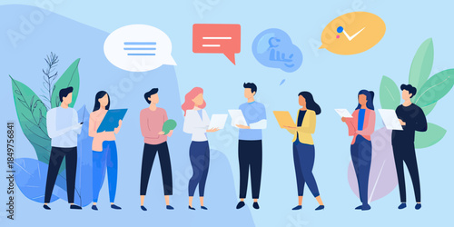 Group of diverse business people standing and discussing documents with speech bubbles in flat minimalist style communication concept vector illustration