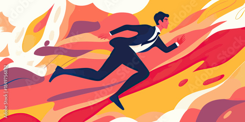Businessman running fast with briefcase toward success goal in dynamic colorful abstract background vector illustration