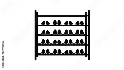 Minimalist silhouette of a shoe rack with multiple shelves and shoes isolated on white background
