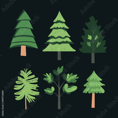 Set of six stylized flat minimalist green trees with various leaf shapes and pine silhouettes on black background vector illustration