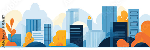 Modern flat style city skyline with blue high-rise buildings and colorful autumn trees urban landscape banner design vector illustration