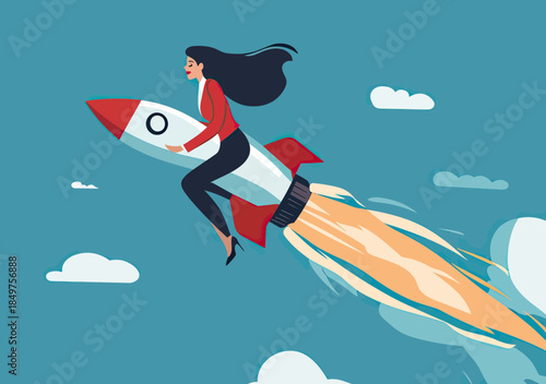 Confident businesswoman flying rocket booster with flames in blue sky concept of career growth ambition and success acceleration vector illustration