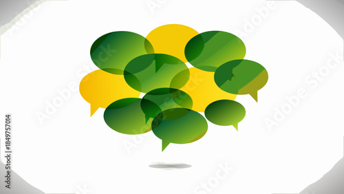 Abstract arrangement of overlapping green and yellow speech bubbles on white