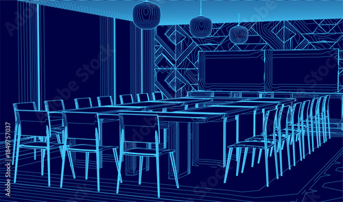 Blueprint of a conference room with neatly arranged tables and chairs in rows. A wall is in the background, and various objects hang from the ceiling.