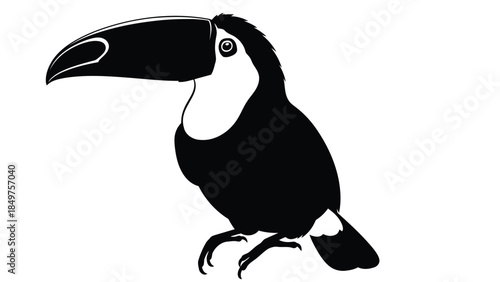 Black silhouette of a toucan bird with large beak isolated on white background