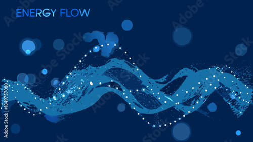 Abstract energy flow visualization with a wavy blue line and scattered dots