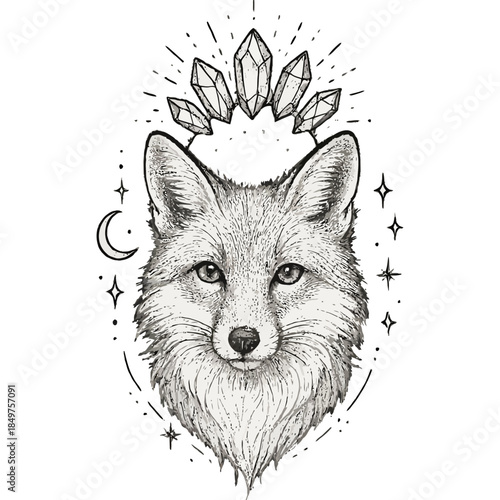 Intricate black and white fox drawing with crystal crown and celestial accents.