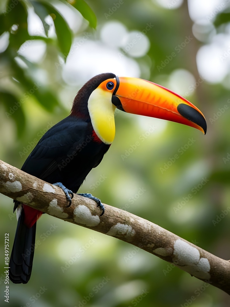 Fototapeta premium toucan on a branch, Colorful Toucan Bird Perched on Tree Branch in Tropical Rainforest