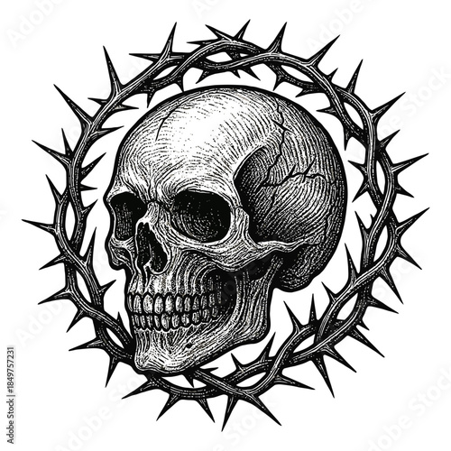 Skull encircled by thorn crown in detailed black and white artwork.