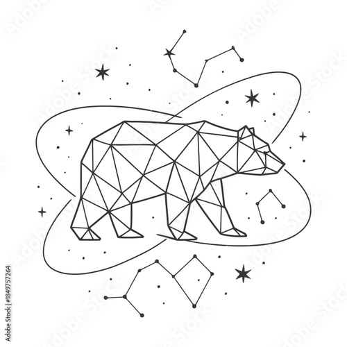 Geometric bear with constellations and stars in black and white design.