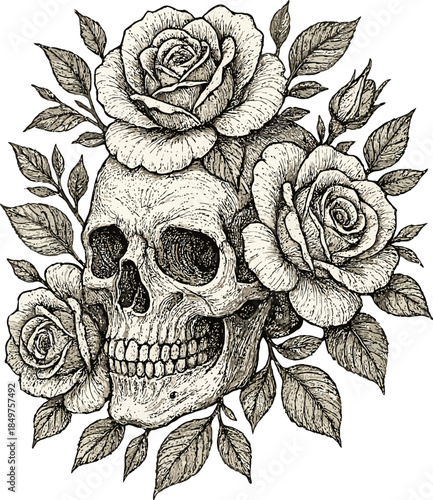 Intricate skull and rose design symbolizing life and death.