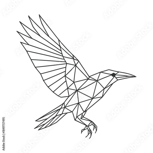 Geometric line art of a flying bird with outstretched wings.