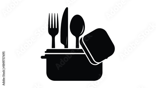 Minimalist black silhouette of utensils in a container symbol isolated on white background