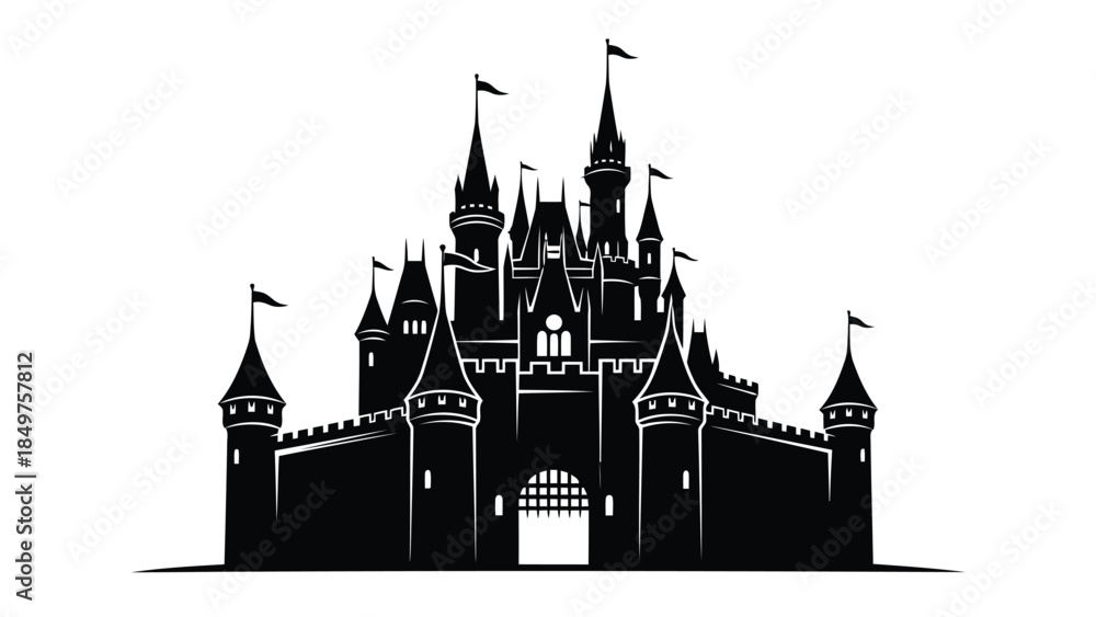 Obraz premium Black silhouette of a medieval castle with towers and flags on a isolated on white background