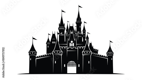 Black silhouette of a medieval castle with towers and flags on a isolated on white background
