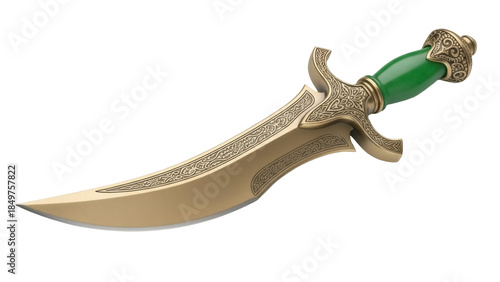 Isolated golden ornate dagger with green handle, Middle Ages fantasy weapon design, prop