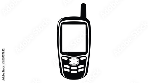 Black silhouette of a classic mobile phone with antenna isolated on white background