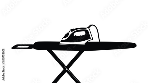 Black silhouette of iron on ironing board, minimalist flat design isolated on white background