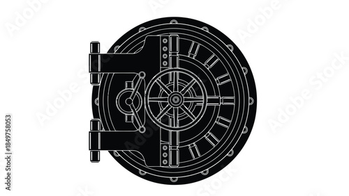 Black silhouette of a vault door with circular combination lock and handle isolated on white background