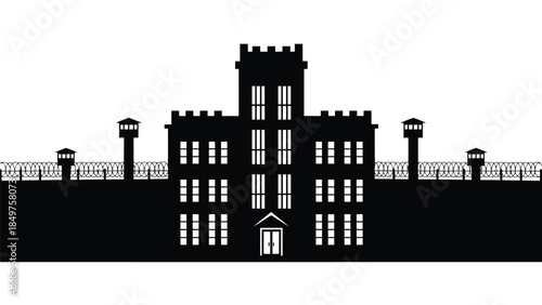 Silhouette of a castle with towers and fence on a isolated on white background
