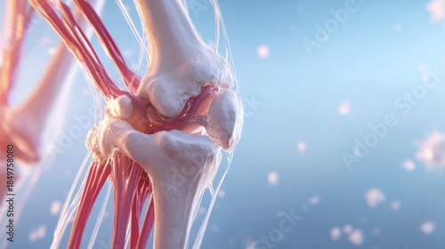 A detailed 3D medical illustration of the human knee joint showing bones, ligaments, and tendons, representing anatomy, healthcare, and biological structure.