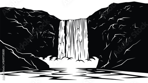 Black silhouette of a waterfall against a , surrounded by rocky cliffs and flowing into a serene pool of water isolated on white background