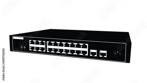 Black 16-port network switch device silhouette isolated on white background