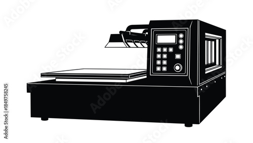 Flat illustration of a black cutting plotter machine on a isolated on white background