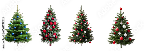 Decorated Christmas Trees with Blue, Red, and White Ornaments – Festive Holiday Evergreen Trees