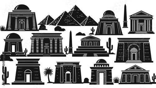 Desert landscape with ancient architectural monuments and pyramids silhouette isolated on white background