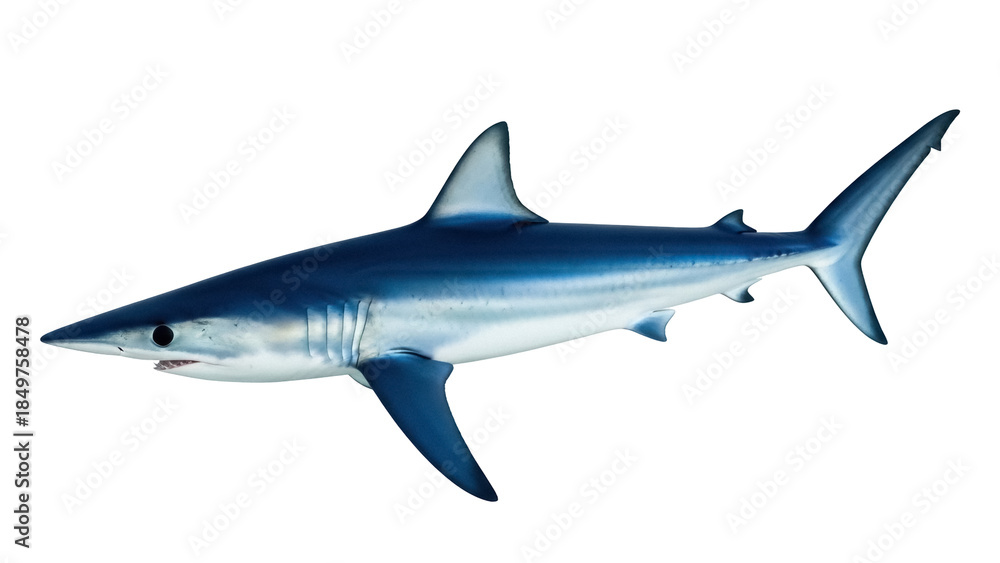 Obraz premium Isolated mako shark swimming in sea, aquatic apex predator, blue marine animal view