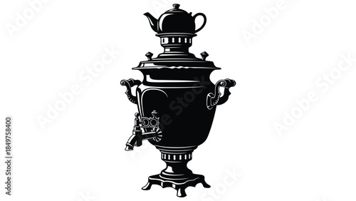 Black silhouette of a traditional Russian samovar against a isolated on white background