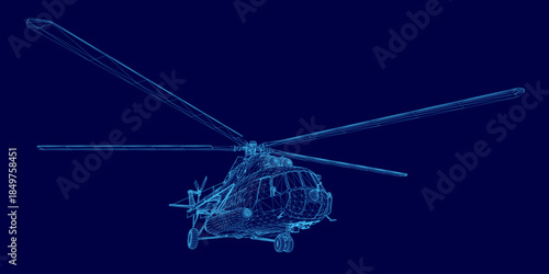 A detailed 3D wireframe model of a military helicopter floats against a solid blue background, revealing its complex internal structure and mechanical blueprint.