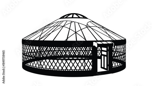 Black silhouette of a yurt structure with lattice walls and a conical roof on a isolated on white background