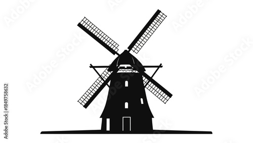 Black silhouette of a traditional Dutch windmill with four blades on a isolated on white background