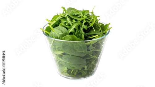 Isolated glass bowl filled with mixed greens and spinach, fresh and healthy ingredients