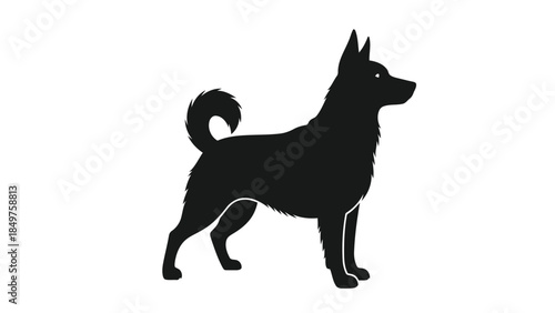 Black silhouette of a dog standing in profile against a isolated on white background